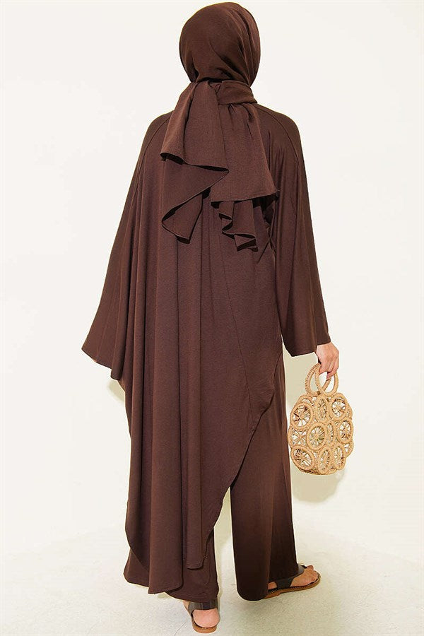 Asymmetrical Cut Blouse 2 Piece Set, Coffee