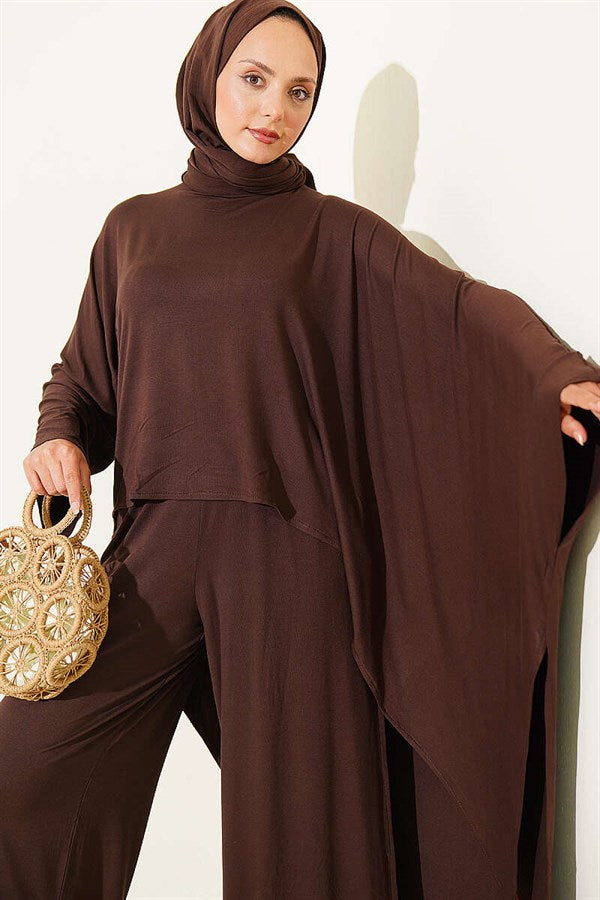 Asymmetrical Cut Blouse 2 Piece Set, Coffee