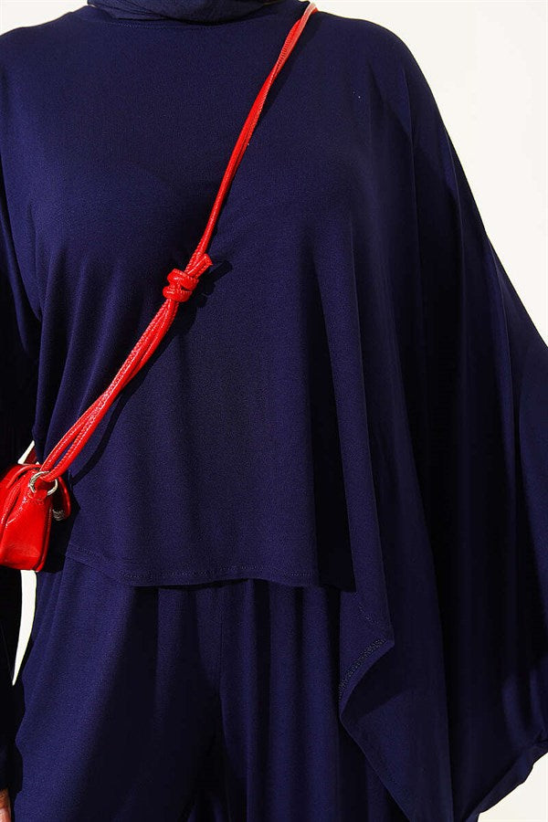 Asymmetrical Cut Blouse 2 Piece Set Navy Blue