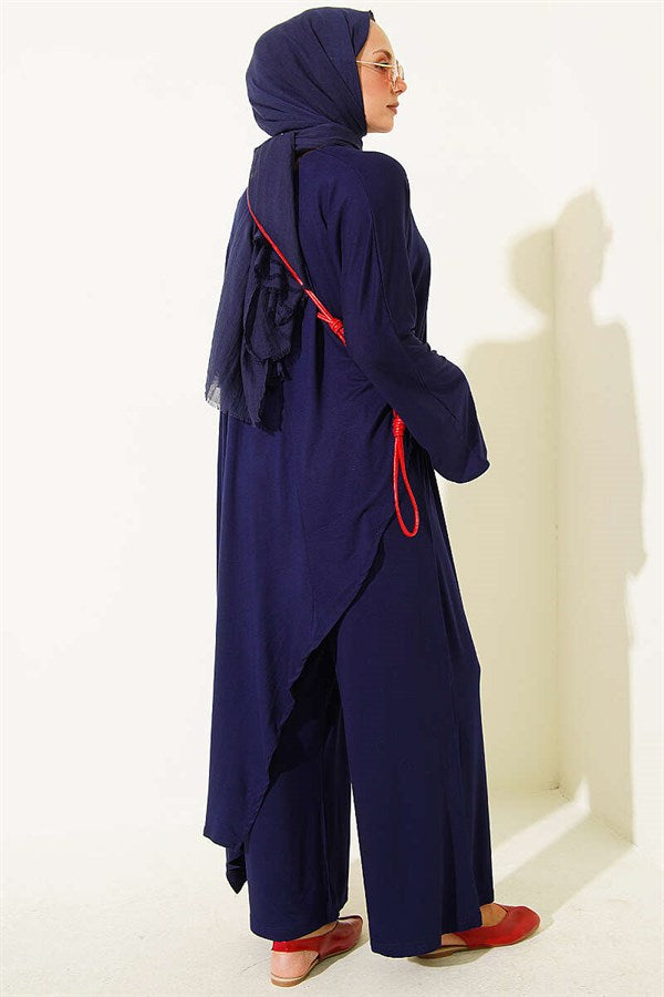 Asymmetrical Cut Blouse 2 Piece Set Navy Blue