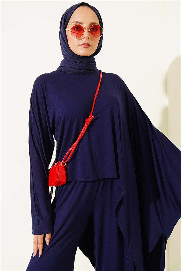Asymmetrical Cut Blouse 2 Piece Set Navy Blue