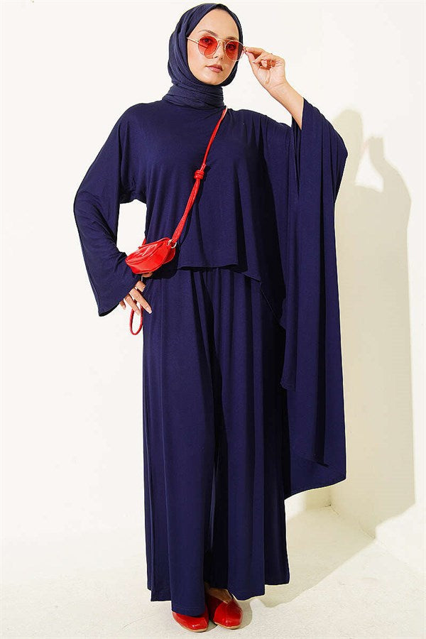 Asymmetrical Cut Blouse 2 Piece Set Navy Blue