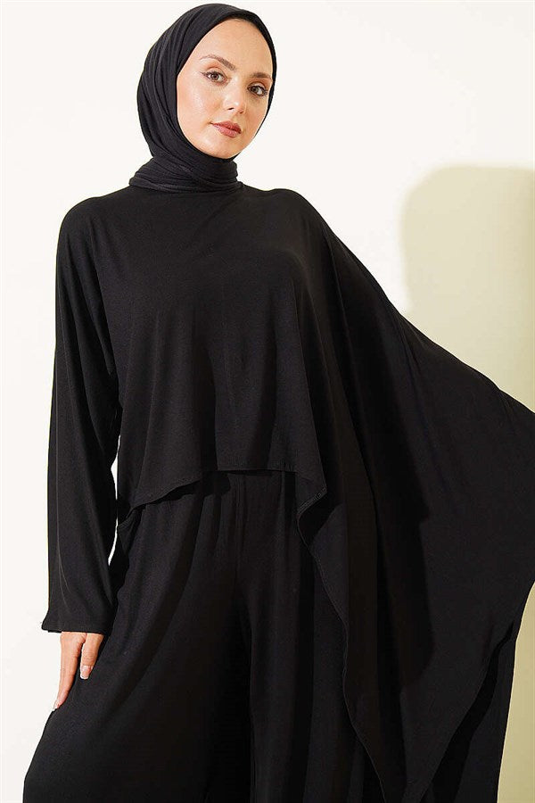 Asymmetrical Cut Blouse 2 Piece Set, Black