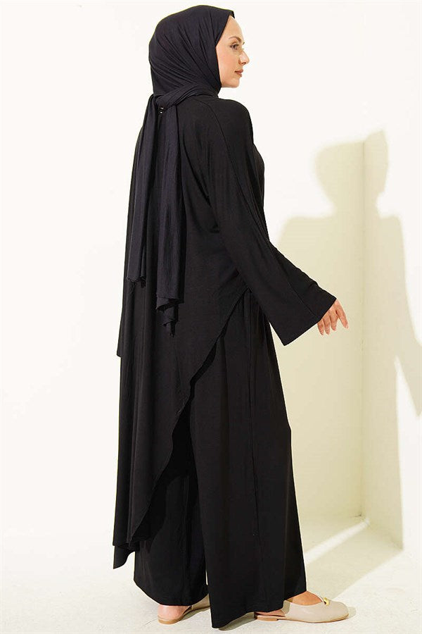 Asymmetrical Cut Blouse 2 Piece Set, Black