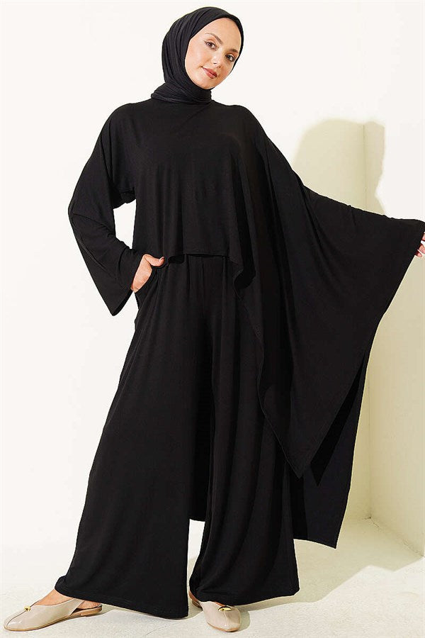 Asymmetrical Cut Blouse 2 Piece Set, Black