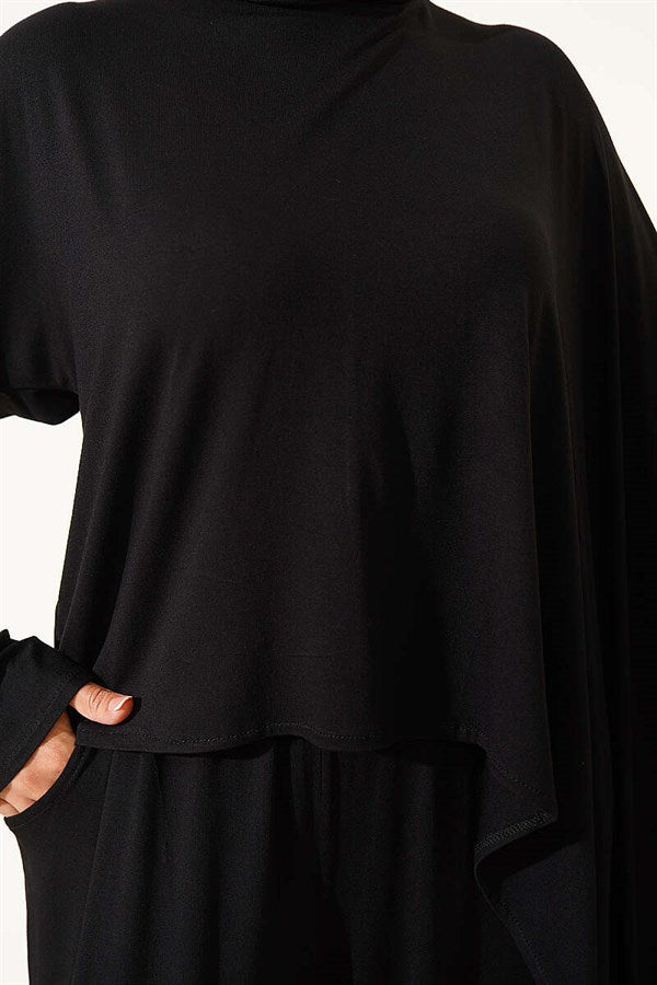 Asymmetrical Cut Blouse 2 Piece Set, Black