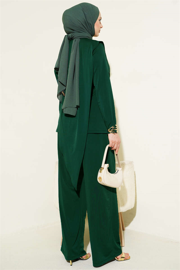 Asymmetrical Patchwork Belted Sandy 2 Piece Set Emerald