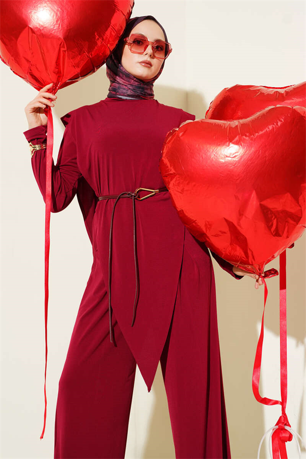 Asymmetrical Patchwork Belted Sandy 2 Piece Set in Burgundy