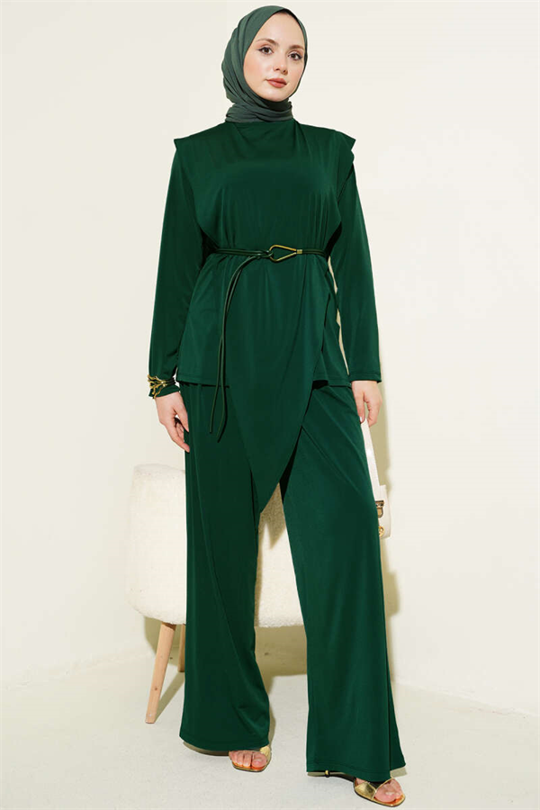 Asymmetrical Patchwork Belted Sandy 2 Piece Set Emerald