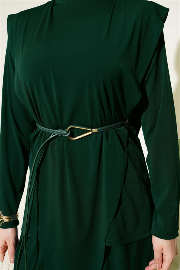 Asymmetrical Patchwork Belted Sandy 2 Piece Set Emerald