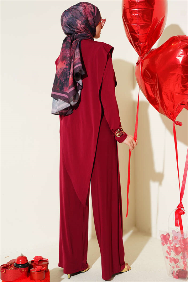 Asymmetrical Patchwork Belted Sandy 2 Piece Set in Burgundy