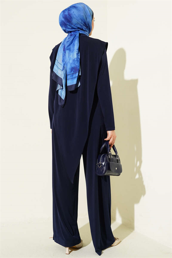 Asymmetrical Patchwork Belted Sandy 2 Piece Set, Navy Blue