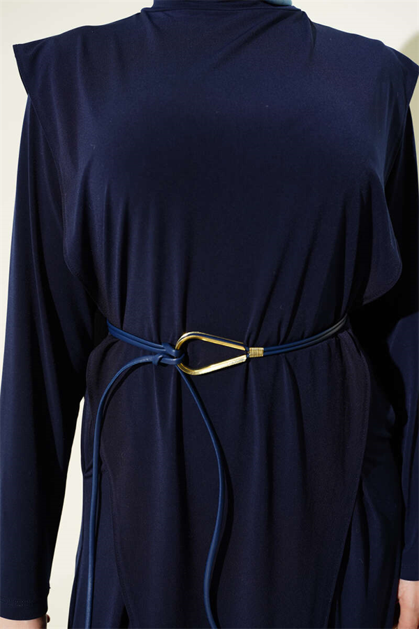 Asymmetrical Patchwork Belted Sandy 2 Piece Set, Navy Blue