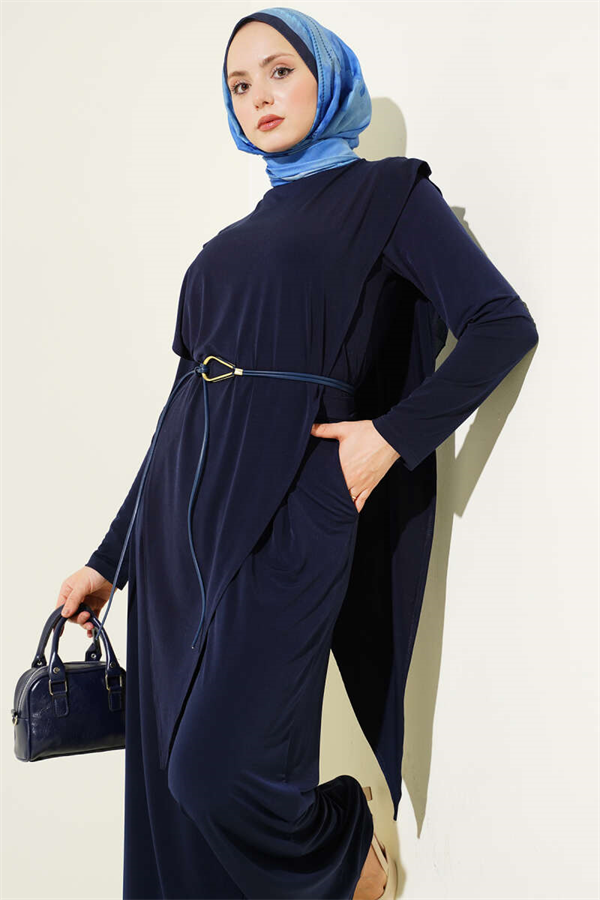 Asymmetrical Patchwork Belted Sandy 2 Piece Set, Navy Blue