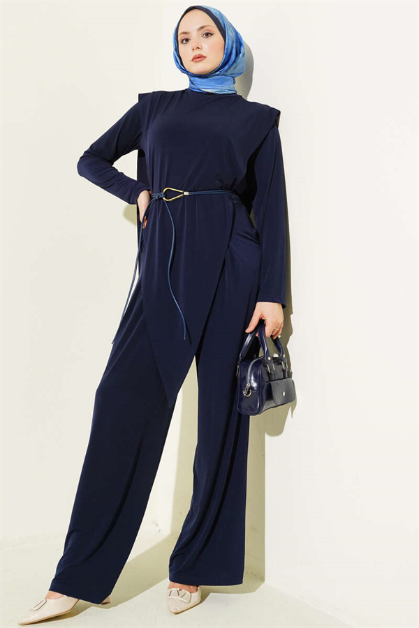 Asymmetrical Patchwork Belted Sandy 2 Piece Set, Navy Blue