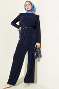 Asymmetrical Patchwork Belted Sandy 2 Piece Set, Navy Blue