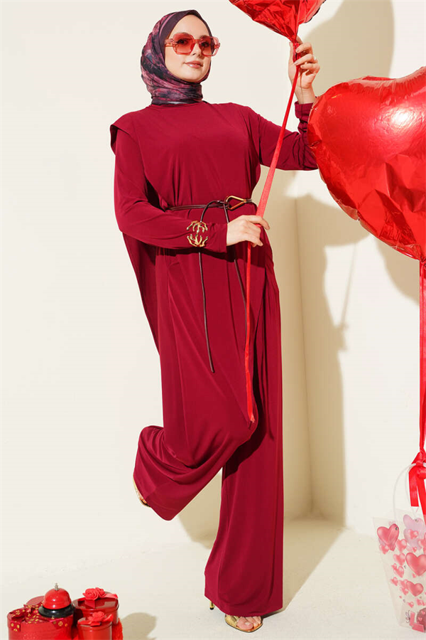 Asymmetrical Patchwork Belted Sandy 2 Piece Set in Burgundy