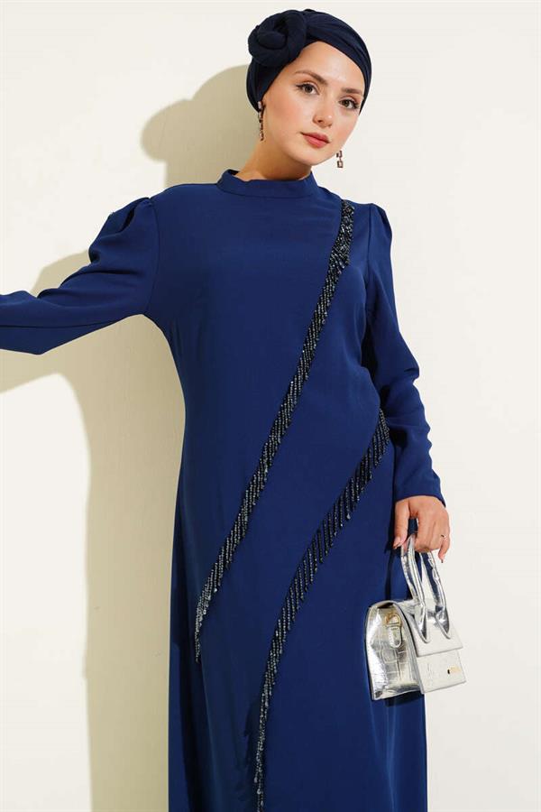 Asymmetrical Stone-Passed Evening Dress Navy Blue