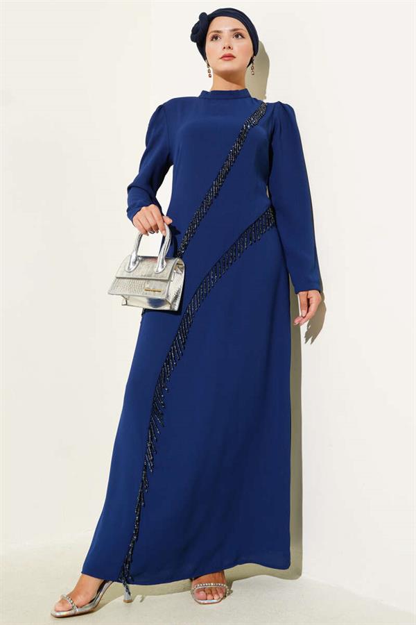 Asymmetrical Stone-Passed Evening Dress Navy Blue