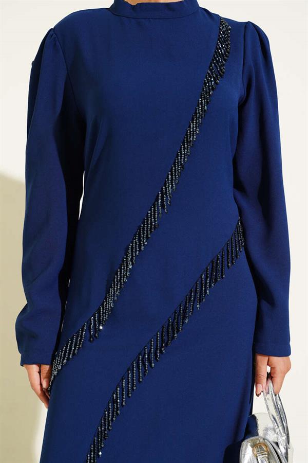 Asymmetrical Stone-Passed Evening Dress Navy Blue