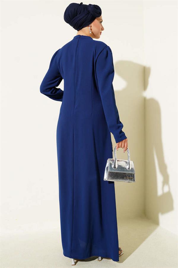 Asymmetrical Stone-Passed Evening Dress Navy Blue