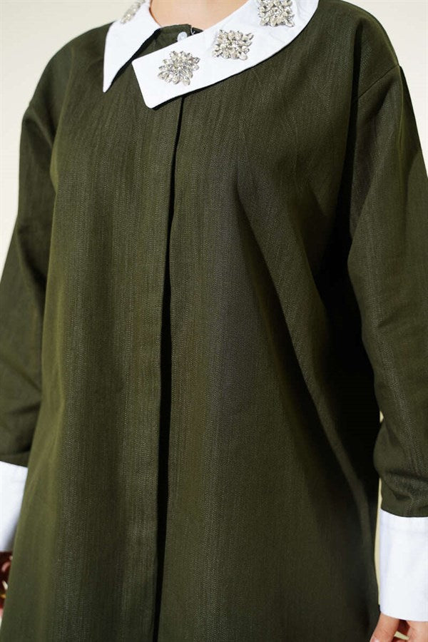 Asymmetrical Stone Collar Hidden Button 2 Piece Set in Khaki