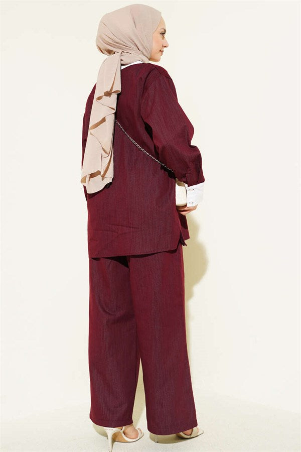 Asymmetrical Stone Collar Hidden Button 2 Piece Set in Burgundy