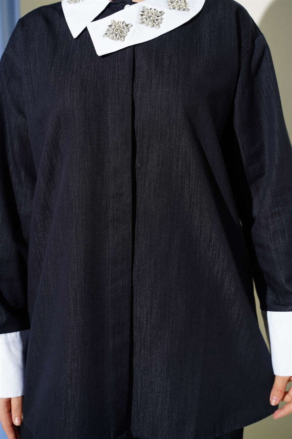 Asymmetrical Stone Collar Hidden Button 2 Piece Set Navy Blue