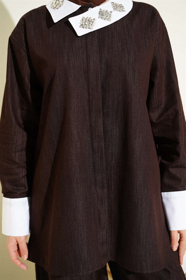Asymmetrical Stone Collar Hidden Button 2 Piece Set in Coffee Brown