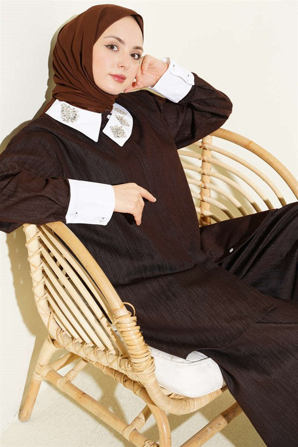 Asymmetrical Stone Collar Hidden Button 2 Piece Set in Coffee Brown