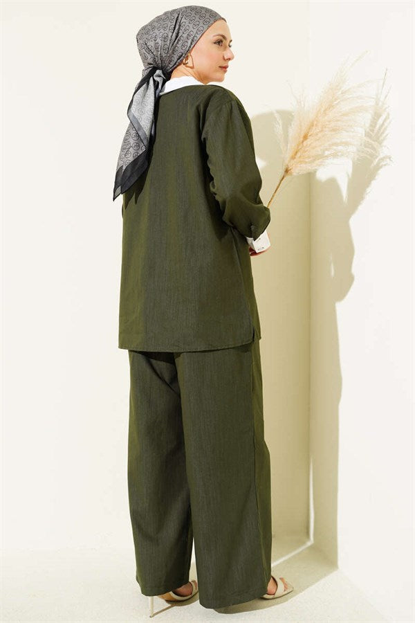 Asymmetrical Stone Collar Hidden Button 2 Piece Set in Khaki
