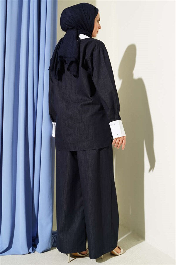 Asymmetrical Stone Collar Hidden Button 2 Piece Set Navy Blue