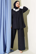 Asymmetrical Stone Collar Hidden Button 2 Piece Set Navy Blue