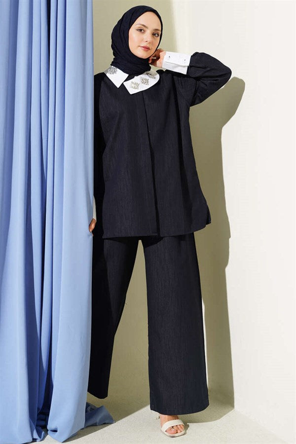 Asymmetrical Stone Collar Hidden Button 2 Piece Set Navy Blue