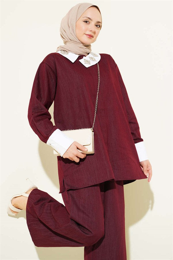 Asymmetrical Stone Collar Hidden Button 2 Piece Set in Burgundy