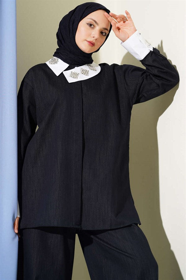Asymmetrical Stone Collar Hidden Button 2 Piece Set Navy Blue