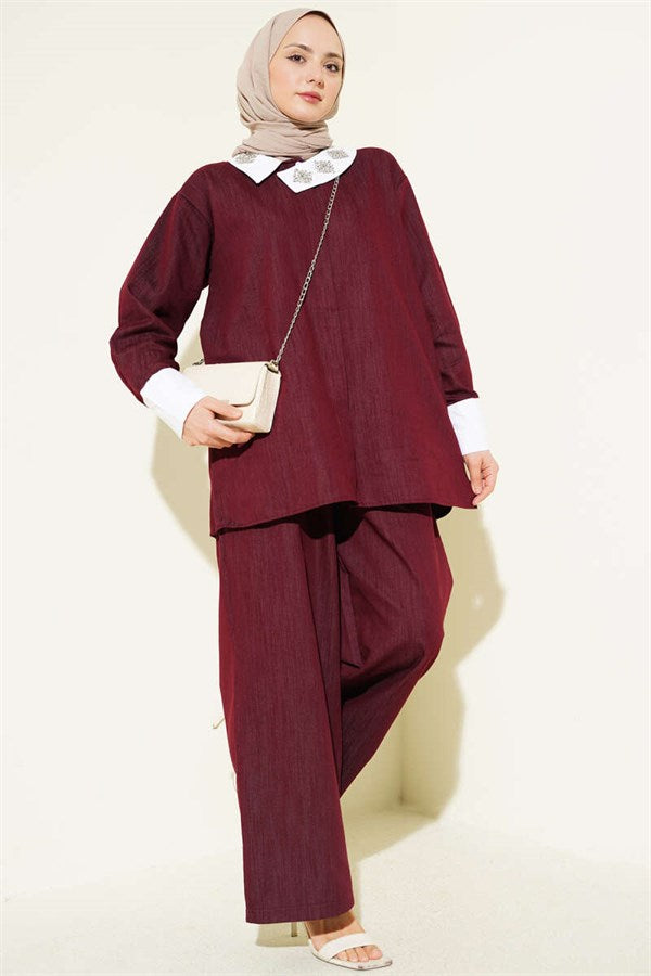 Asymmetrical Stone Collar Hidden Button 2 Piece Set in Burgundy