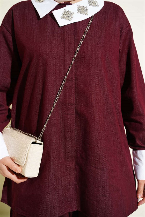 Asymmetrical Stone Collar Hidden Button 2 Piece Set in Burgundy