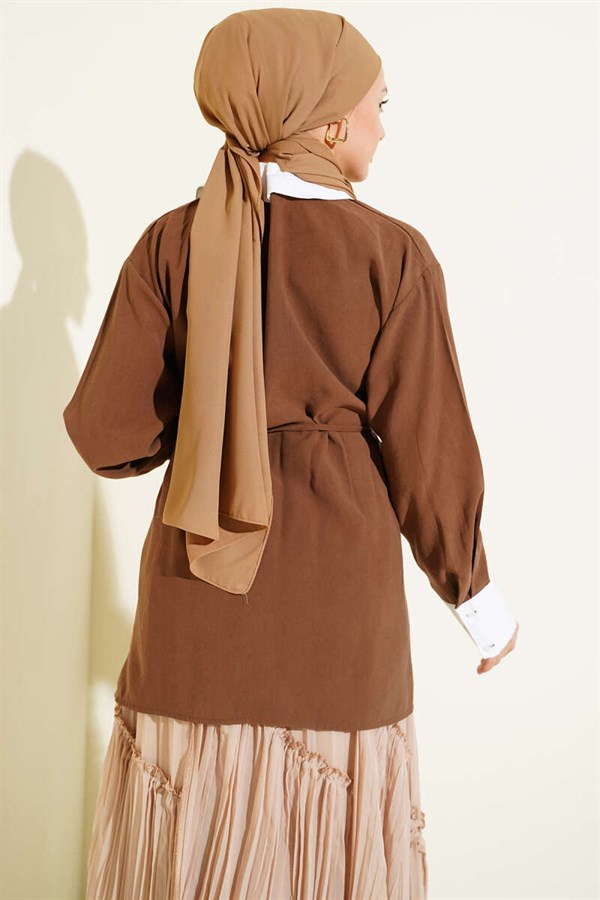 Asymmetric Stone Collar Tencel Shirt, Coffee