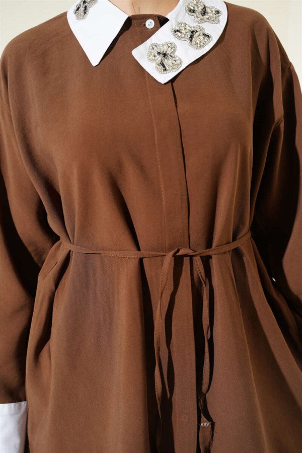 Asymmetric Stone Collar Tencel Shirt, Coffee