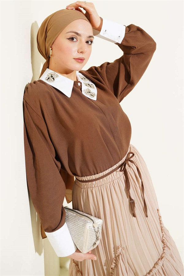 Asymmetric Stone Collar Tencel Shirt, Coffee