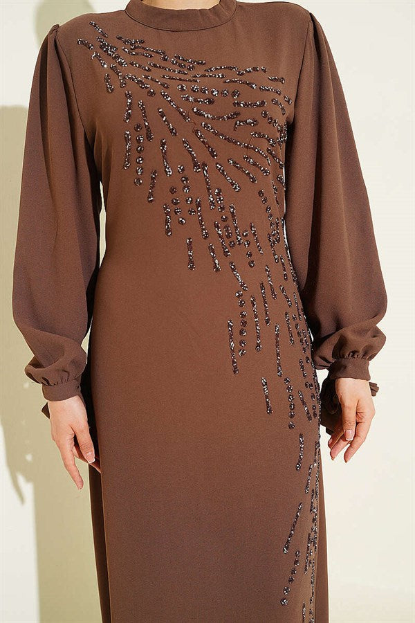 Asymmetrical Embellished Evening Dress in Brown