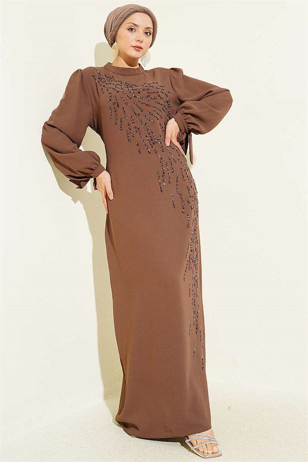Asymmetrical Embellished Evening Dress in Brown