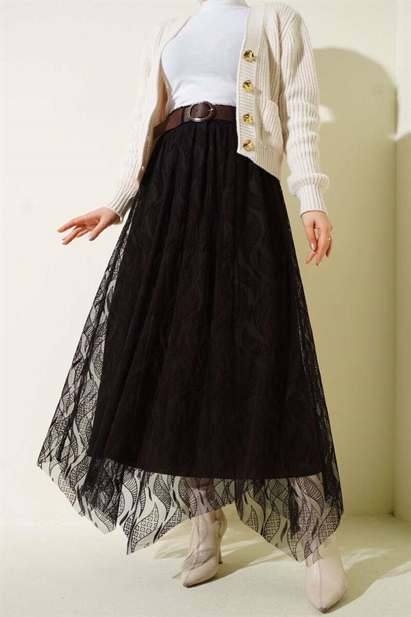 Asymmetrical Tulle Belted Skirt Dark Brown