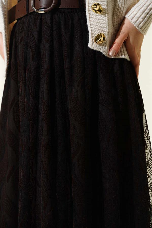 Asymmetrical Tulle Belted Skirt Dark Brown