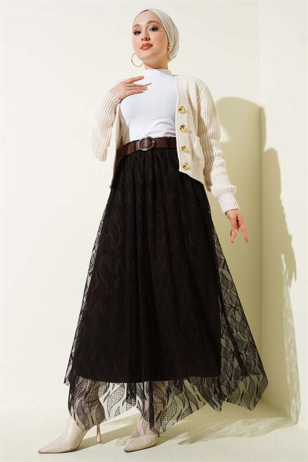 Asymmetrical Tulle Belted Skirt Dark Brown