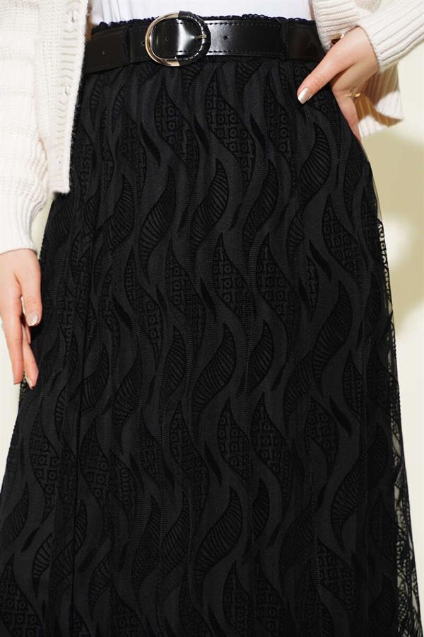 Asymmetrical Tulle Belted Skirt Black