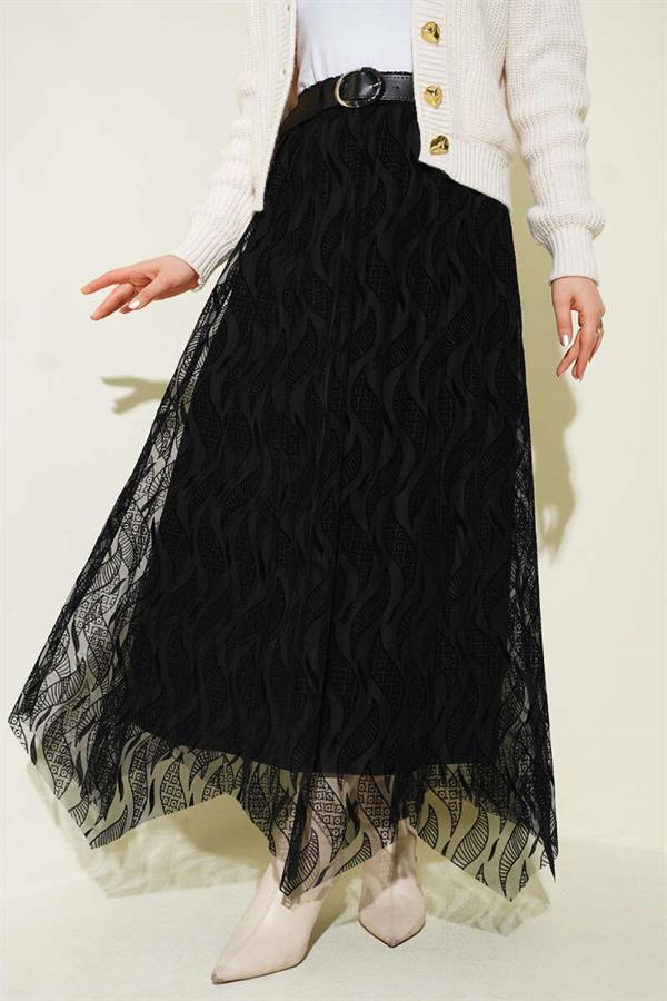 Asymmetrical Tulle Belted Skirt Black