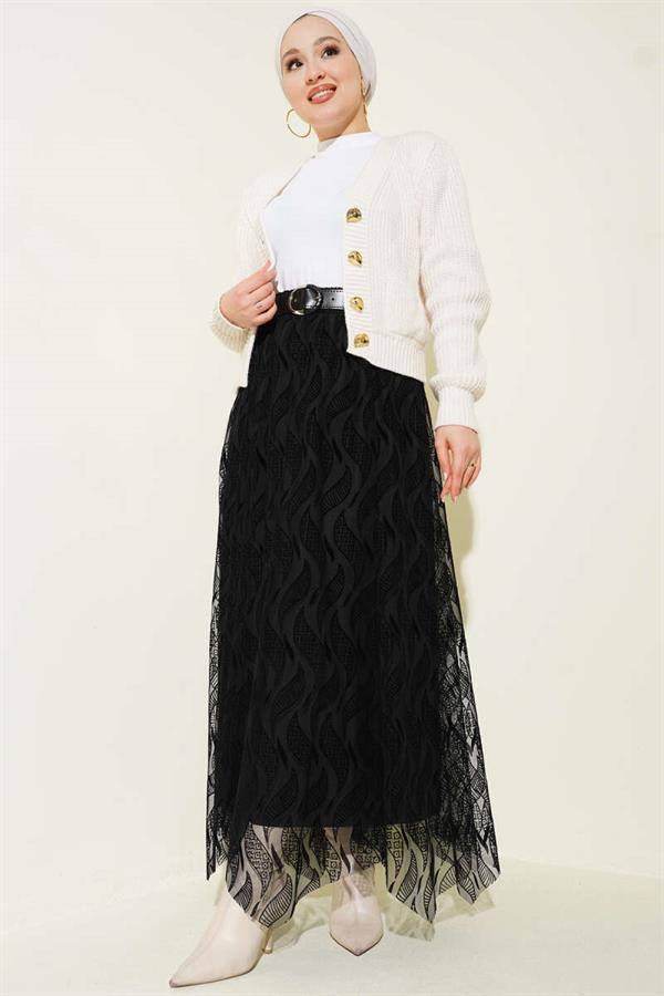 Asymmetrical Tulle Belted Skirt Black