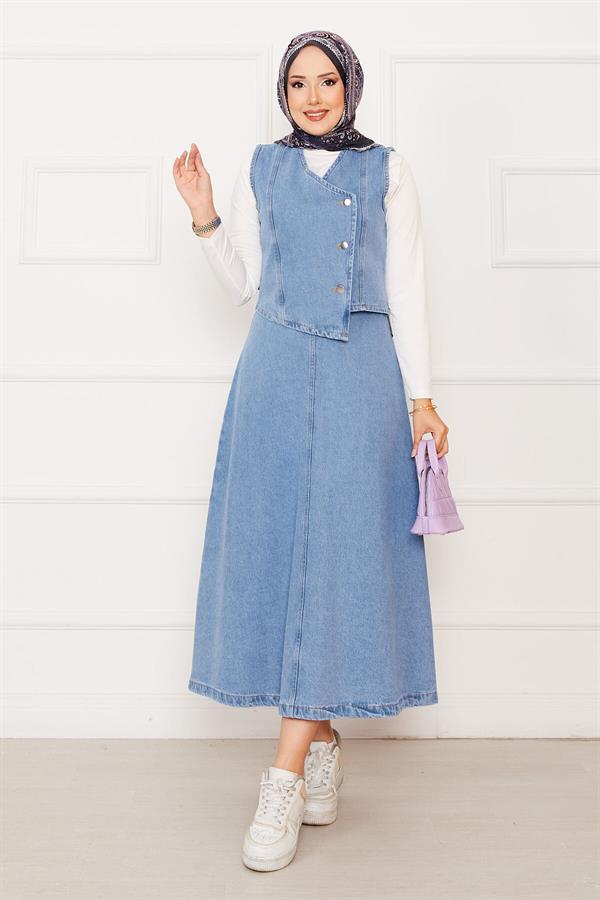 Asymmetrical Vest Skirt Denim 2 Piece Set Light Blue